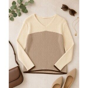 Women’s Colorblock Ribbed V Neck Sweater Cream Tan‎ Brown Pullover Sz Unknown